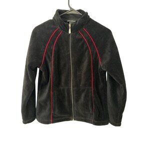 Vintage Y2K Women's Small Black/Red Fleece Jacket with Rhinestone Zipper Pull